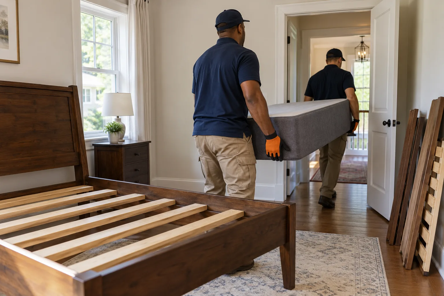 Crew removing a box spring beside a disassembled bed frame