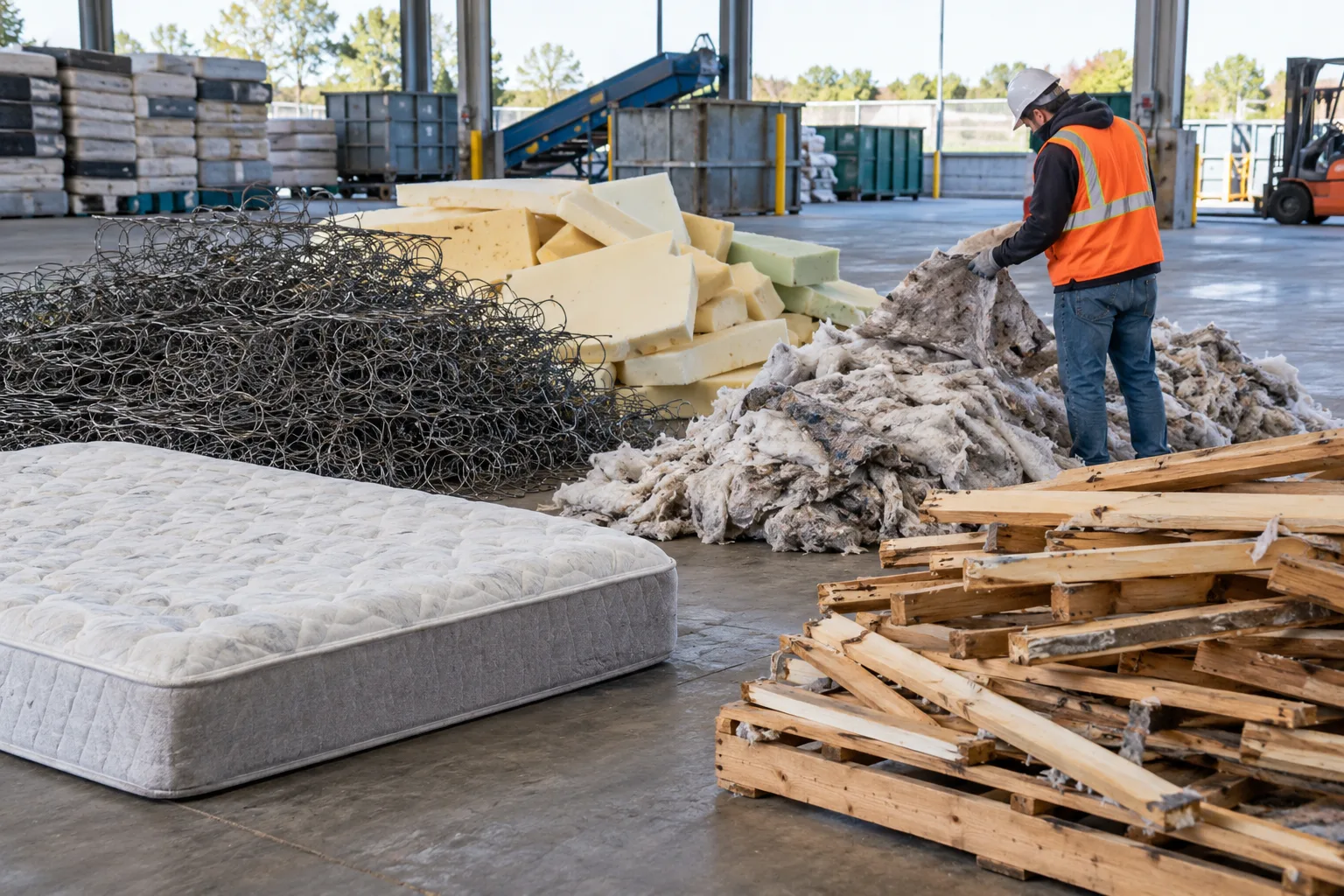 Mattress components separated into steel, foam, fiber, and wood at a recycling facility