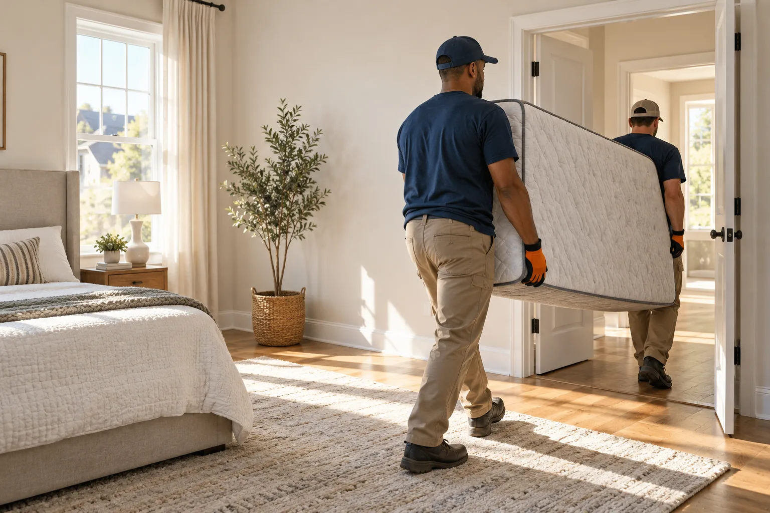 Two service workers carrying a mattress through a bedroom doorway